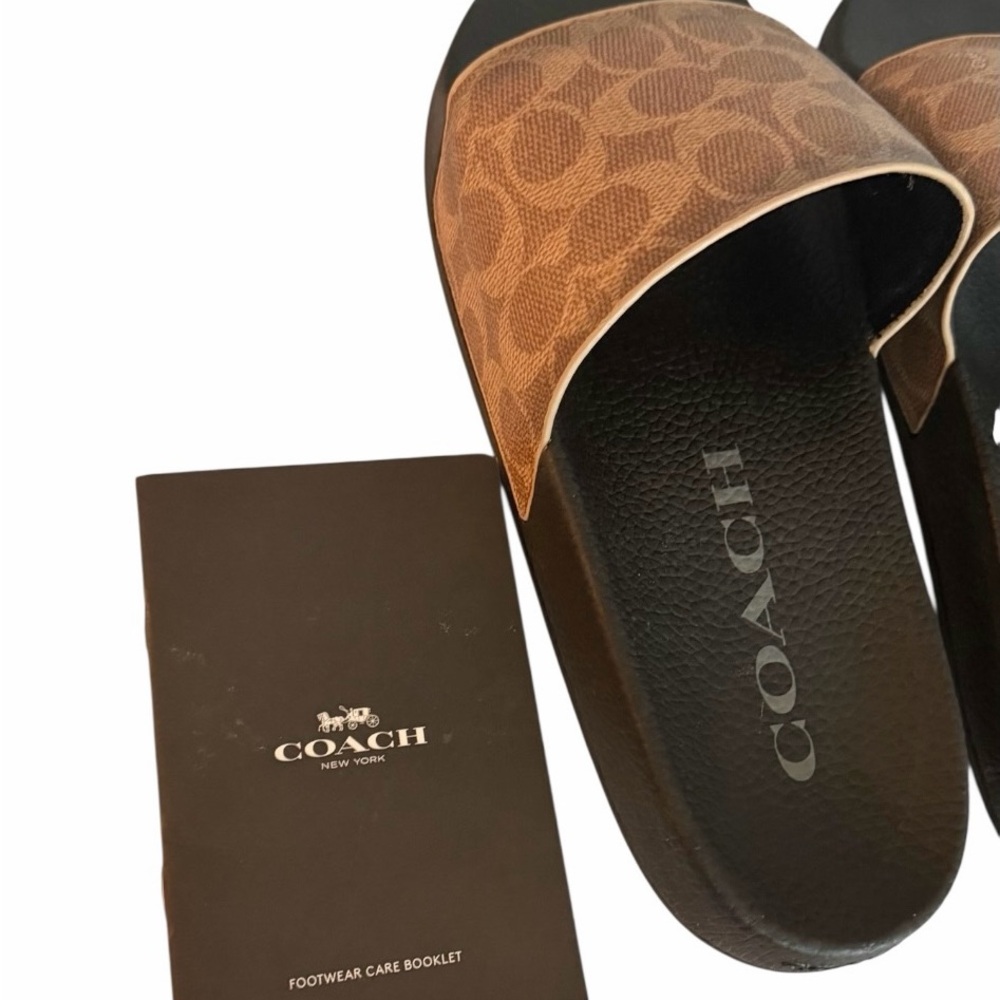 Coach Signature Canvas Pool Slide Sandals Tan Brown Logo Size 9 NEW - Picture 10 of 11